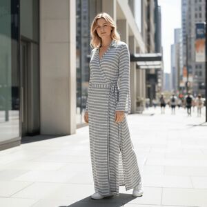 Mare di Latte Cotton Maxi Wrap Dress Black and White Striped Side Tie Size S/M